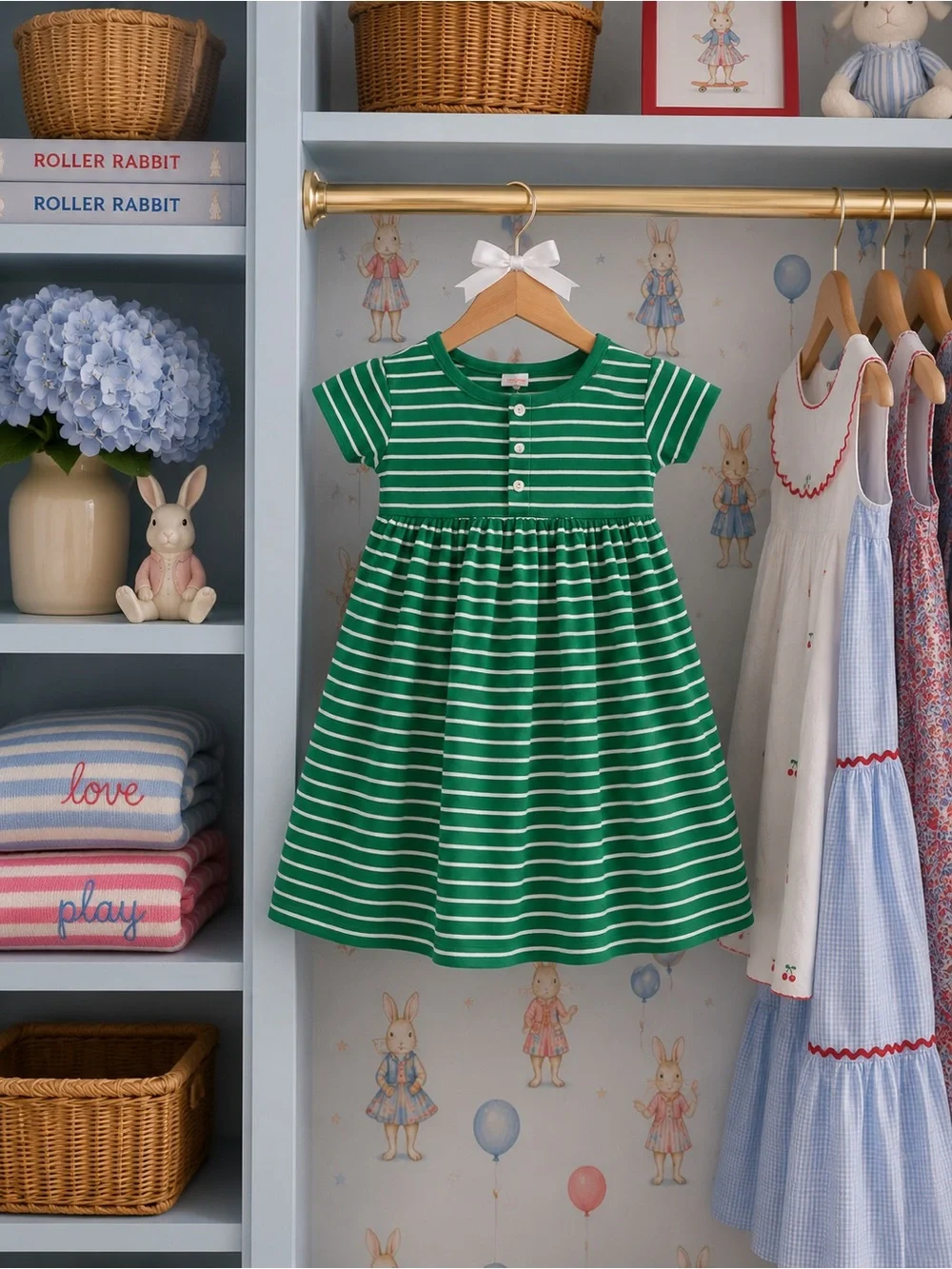 Hanna Andersson Girls' Pink and Green Striped Short-Sleeve Cotton Dress Duo